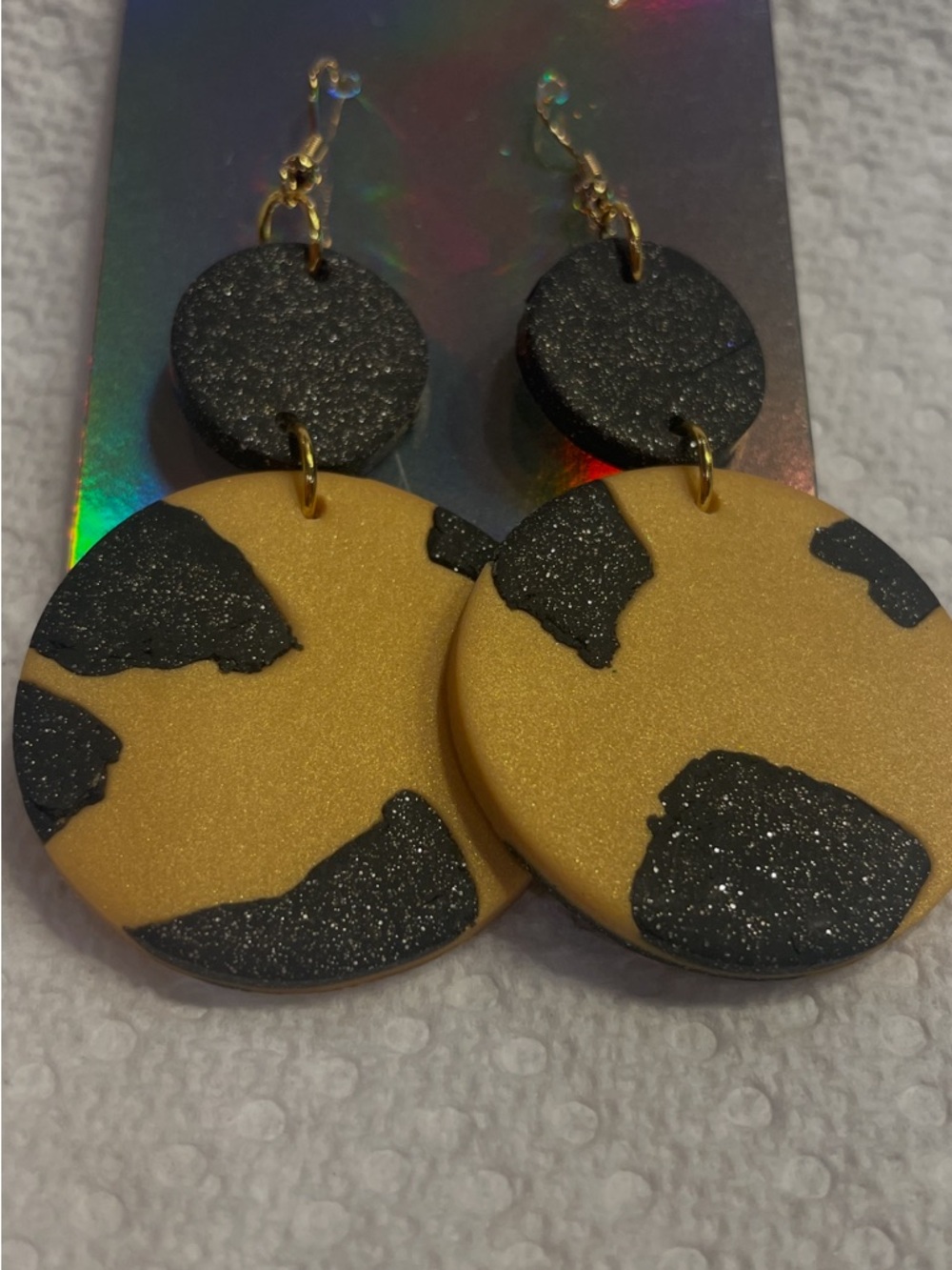 Handmade Black and Gold Disc Drop Earrings